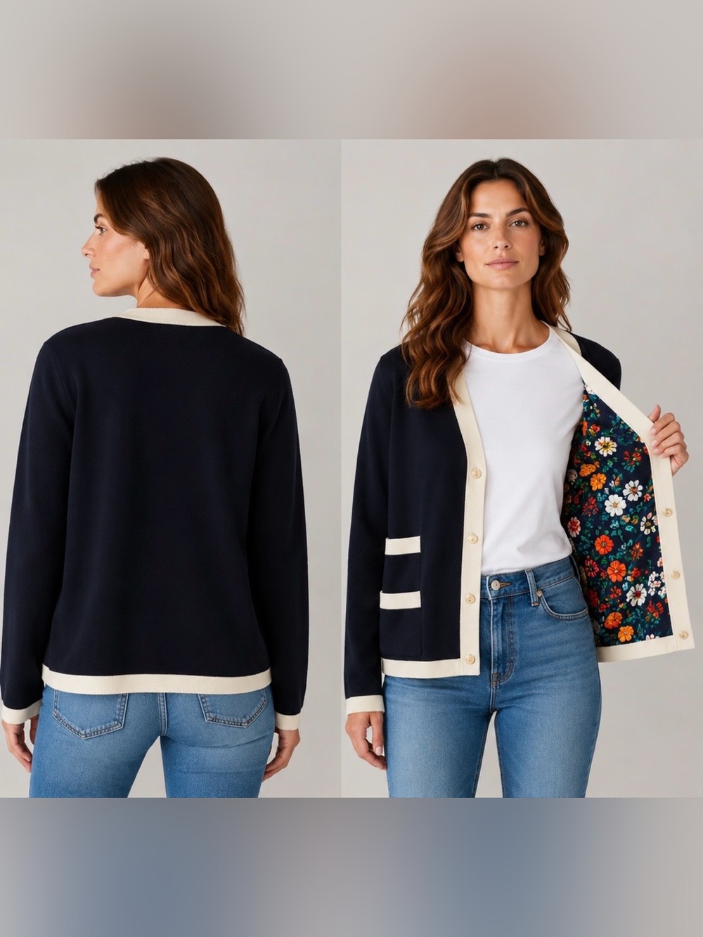 Tory Burch Colorblock Cardigan Sweater Navy Ivory Floral Lined Gold Button